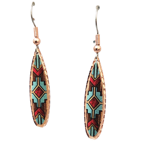 Copper Long Teardrop TQ/Red Design Earrings