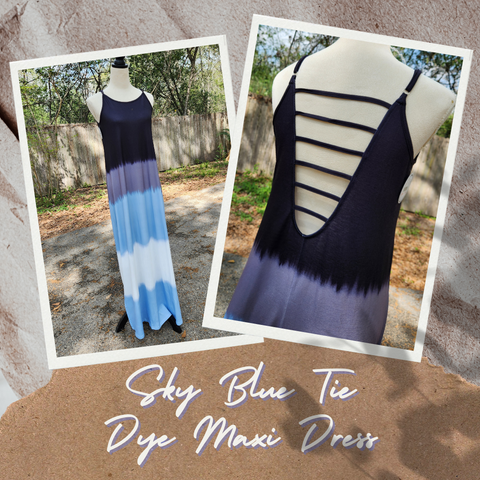 Sky Blue Spaghetti Strap Tie Dye Slit Maxi Dress