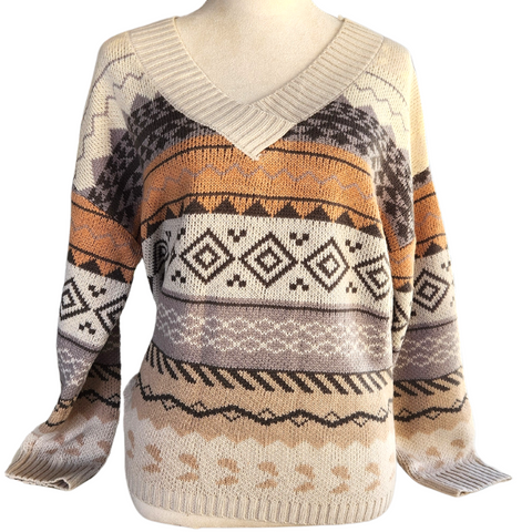 Geometric Print Ribbed Knitted V Neck Sweater
