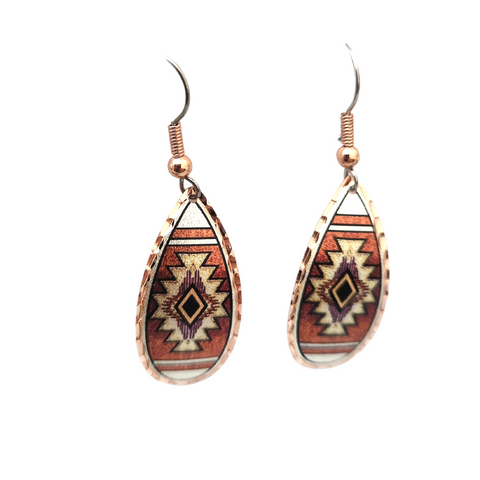 Copper Tear Drop Red Tribal Design Earrings