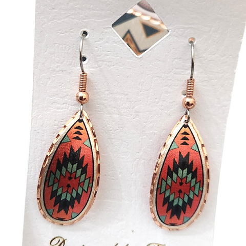 Copper Tear Drop Red/Black Tribal Design Earrings