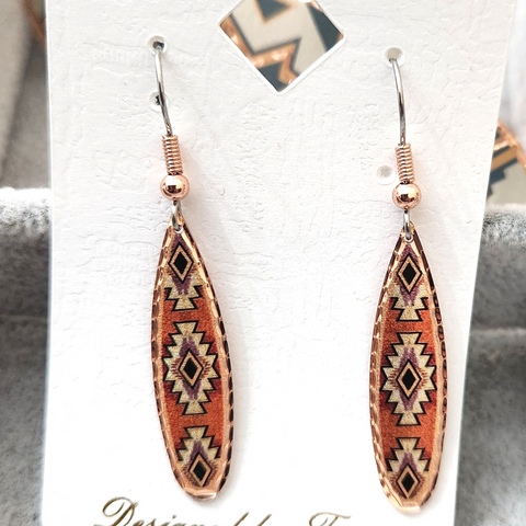 Copper Long Tear Drop Red Tribal Design Earrings