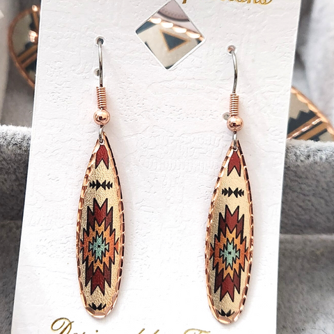 Copper Long Tear Drop Red/White Tribal Design Earrings