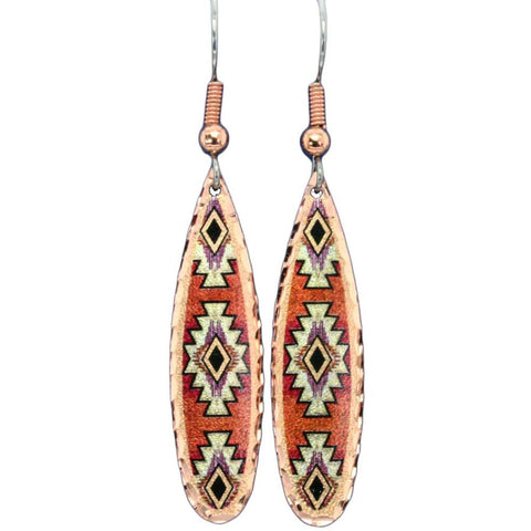 Copper Long Tear Drop Red Tribal Design Earrings