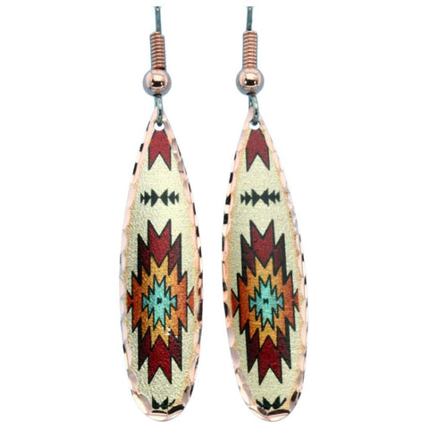 Copper Long Tear Drop Red/White Tribal Design Earrings