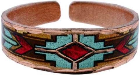 Copper Narrow Turquoise and Red Tribal Design Ring