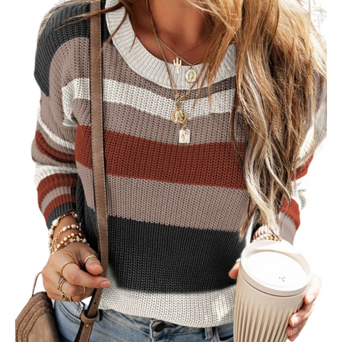 Stripe Color Block Round Neck Sweater