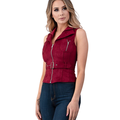 Suede Zipper Vest With Belt