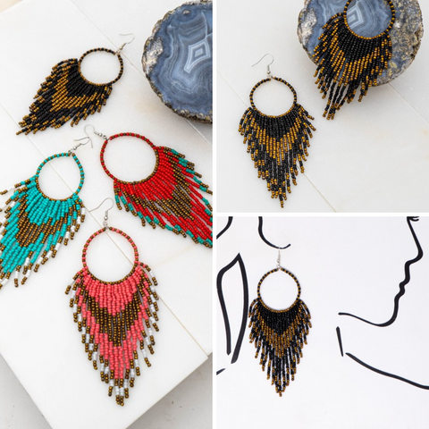 Beaded Hoop and Tassle Earrings