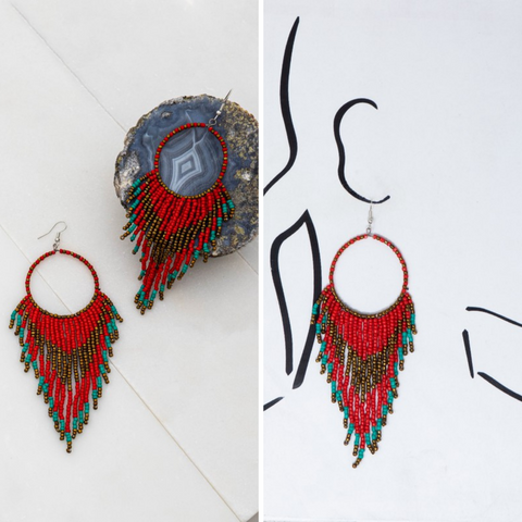 Beaded Hoop and Tassle Earrings