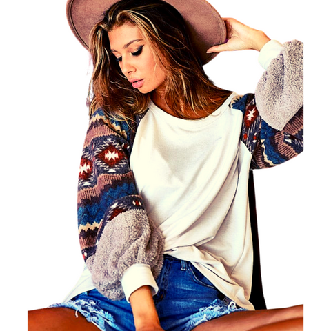 Aztec Print and French Terry Sleeve Knit